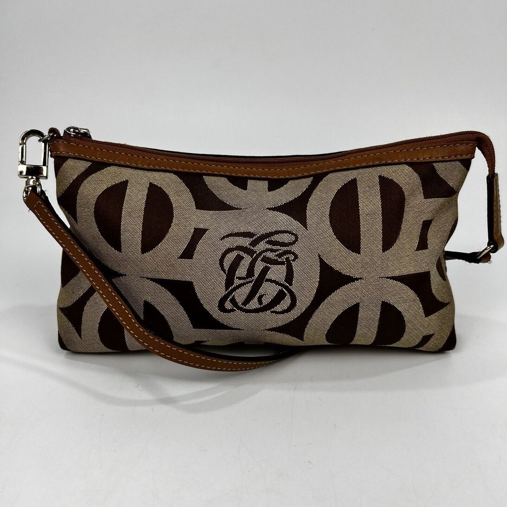 Louis Quatorze Mini Handbag Monogram Logo Tan Leather Trim Baguette Purse‎